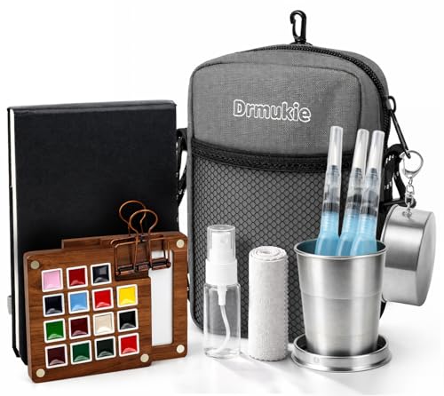 Mini Watercolor Paint Set 15-Color Walnut Wood Travel Paint Kit with Bag | Portable Pocket Paint Set with Watercolor Journal, Metal Clip, Paint Water Cup, Water Brush, Art Lovers Gifts Grey - color: Grey