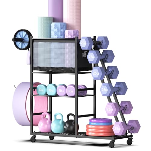 Mythinglogic Dumbbell Rack with Yoga Mat Holder and Wheels for Home Gym