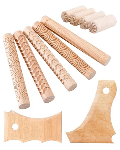 6" Wooden Clay Texture Roller Set with Stamp Rollers & Rib Tools, 11PCS | Crafted From Premium Beech Wood For Polymer Clay, Pottery, Ceramic Crafts With Deep Geometric & Floral Patterns - size: 5+4+2