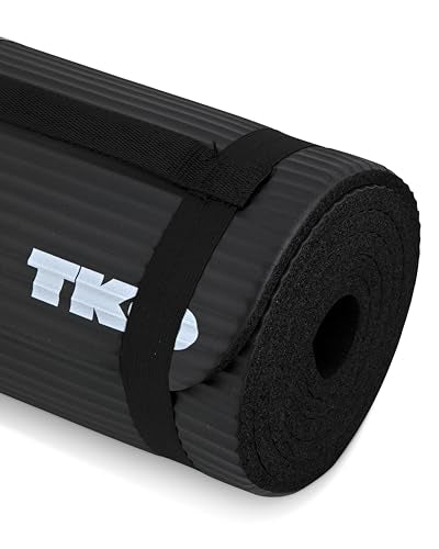 TKO Extra Thick Exercise Yoga Mat with Carrying Strap | Premium High-Density Padding for Joint Support during Yoga, Pilates & Floor Workouts | Durable and Portable - Black