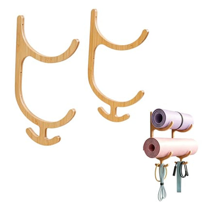 Wooden Yoga Mat Holder Wall Mount with 4 Hooks