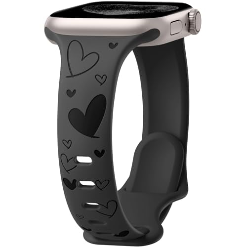 Lerobo Slim Thin Two-Tone Compatible with Apple Watch Band 40mm 38mm 41mm 42mm 44mm 45mm 46mm 49mm for Women- Soft Cute Flower/Heart Engraved Sport Band for iWatch Series 11 10 9 8 7 6 5 4 3 SE Ultra - color: B Anthracite Black, size: 44mm/45mm/46mm/49mm/