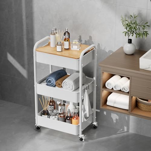 3-Tier Rolling Cart with Table Top, Metal Utility Cart on Wheels | Sturdy Storage Organizer Cart with Lockable Wheels&Hooks for Craft, Office, Classroom, Kitchen and Bathroom, WHite - color: White