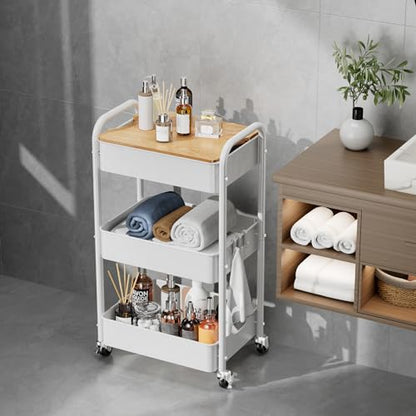 3-Tier Rolling Cart with Table Top, Metal Utility Cart on Wheels | Sturdy Storage Organizer Cart with Lockable Wheels&Hooks for Craft, Office, Classroom, Kitchen and Bathroom, WHite - color: White