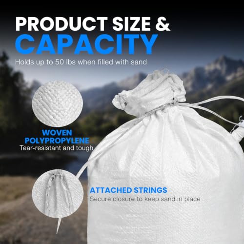 Sand Bags with Ties 14" x 26" - Sand Bags for Flooding, Woven Polypropylene Sandbags, 50 lbs Capacity, 14x26 inches, White - size: 10 Count (Pack of 1)