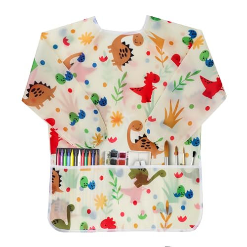 Kids Art Smocks Dinosaur Painting Aprons for Children Waterproof Artist Smock with Long Sleeve and 3 Pockets for Age 3-8 Years (Off white) - color: Off-white