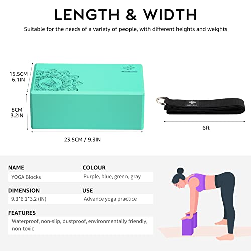 Overmont Yoga Block 2 Pack Supportive Latex-Free EVA Foam Soft Non-Slip Surface for General Fitness Pilates Stretching and Meditation 9"x6"x3" Yoga Strap Included - color: Green
