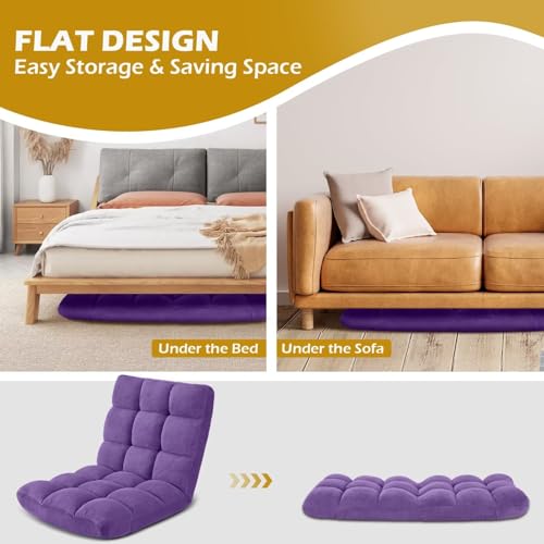 Folding Floor Gaming Chair, Adjustable 14-Position Backrest, 6-Inch Thick Flannel and Skin-Friendly Cotton Sponge, Breathable, Ideal for Gaming, Meditating, Sleeping, Purple - color: Purple