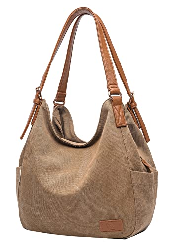 Worldlyda Women Canvas Hobo Purse Multi Pocket Tote Shopper Shoulder Bag Casual Top Handle handbag with Embroidery Ethnic - color: Be06brown