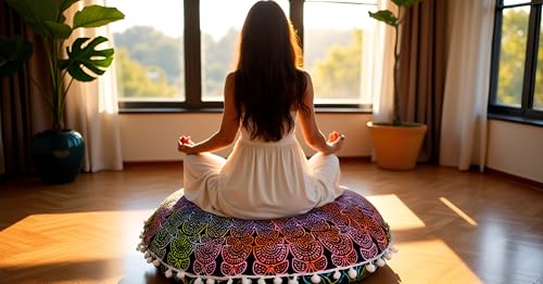 CRAFT KALA 22" Mandala Meditation Floor Pillows Cover Pouf Cover Round Seating Bohemian Mandala Cotton Floor Cushion Cover Outdoor Fireplace Seating Living Room Yoga Room Home Décor (Multi Peacock) - color: Multi Peacock