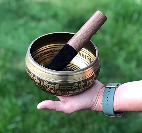 Large Tibetan Singing bowl Set - Bronze Style - Easy To Play - 5" Sound Yoga Bowl Mantra Design Mindfulness Meditation Healing Sound Gift By Himalayan Bazaar - color: Dorje - 5 Inch