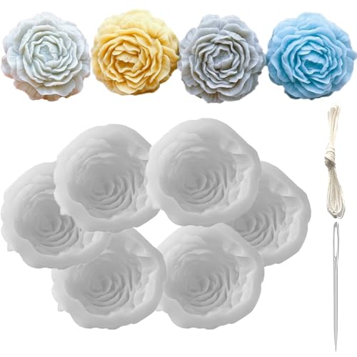 6 Pack Peony Flower Silicone Soap Molds with Large-Eye Wicking Needle,Candlewick,Moldes para Velas, Flower Molds Silicone Candle Molds for DIY Scented Candle, Soy Wax, Cake, Soap,Casting Craft Mould - color: 6PCS-Peony