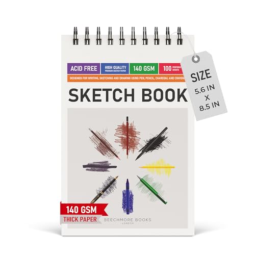 BEECHMORE BOOKS A4-9"x12" & A5-5.6"x8.5" Spiral Sketchbook - 100 Perforated Sheets 140 GSM Acid-Free White Paper, Professional Artist Sketch Pad, Art Supplies for Adults Students Drawing Notebook