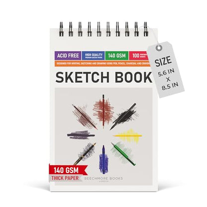 BEECHMORE BOOKS A4-9"x12" & A5-5.6"x8.5" Spiral Sketchbook - 100 Perforated Sheets 140 GSM Acid-Free White Paper, Professional Artist Sketch Pad, Art Supplies for Adults Students Drawing Notebook