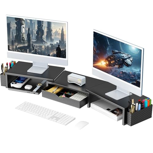 gianotter Dual Monitor Stand Riser With Drawer and 2 Pen Holders - color: Black