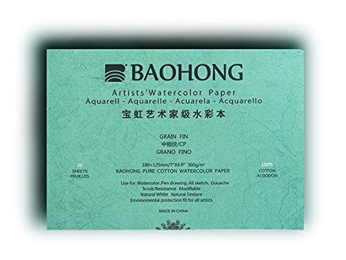 BAOHONG Artists' Watercolor Paper Block (20 Sheets, glued on Four Edges), 100% Cotton, Acid-Free, 140LB/300GSM, Watercolor Art Supplies for Wet, Dry, and Mixed Media Painting (Cold Press 4.9"X7") - size: TEXTURED COLD PRESS 4.9"X7