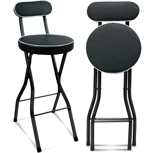 UWEAR 1 PCS Folding Bar Stool with Back, Tall Foldable Stool Seat Padded Portable Stools Counter Height Foldable Stools Chairs Collapsible Stool for Adults Kitchen Island (Black) - color: Black