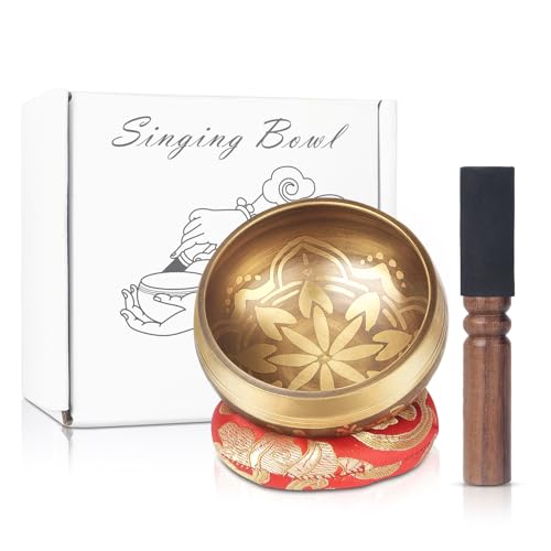 Kmise Tibetan Singing Bowls Set- Handmade in Nepal Meditation Sound Bowls for Yoga, Meditation, Mindfulness, Healing and Chakra Balancing, Stress Relief (3.5', Gold Flower) - color: 3.5inch Golden Flower