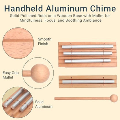 3-Tone Hand Chime with 2 Mallet - Handheld Percussion Instrument with Mallet for Mindfulness, Yoga, Classroom Management and Focus Training