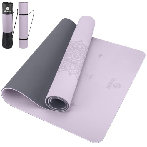 Gruper Yoga Mat Non Slip TPE Extra Wide Yoga Mat with Alignment Mark, 72"L x 32"W x 0.32"/0.24"Th (183cm x 80cm x 8mm/6mm), Anti-Tear Exercise Mat with Carrying Strap and Bag, Workout Mats for Yoga, Pilates - color: Lavender Gray, size: 0.24*32*72 Inches