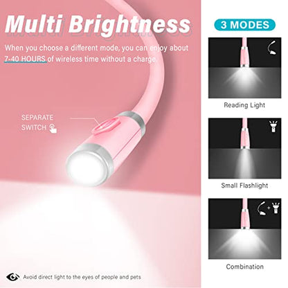 Vekkia Rechargeable LED Neck Book Light for Reading in Bed | 3 Brightness Levels/Flexible Soft Silicone Arms Comfortable Wear/Long Lasting,Great for Readers, Craft & Knitting - color: Pink