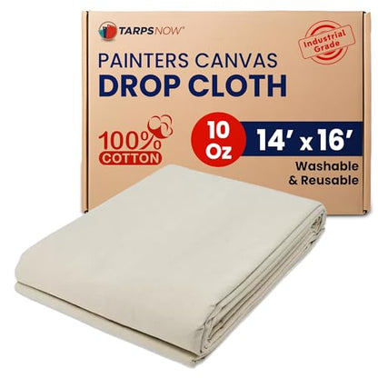 Tarps Now 14x16 ft Premium Heavy Duty Canvas Drop Cloth for Painting - Reusable Painter Tarp, 100% Cotton Fabric Floor Cover & Furniture Protection, Washable Paint Drop Cloth - size: 14' x 16'