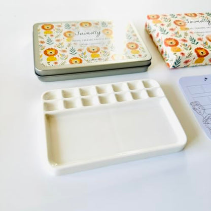 Watercolor Palette,Portable Travel Ceramic Palette,Small Travel Metal Paint Boxwith Porcelain Palette (14Well)