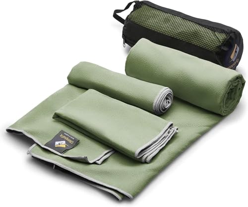 OlimpiaFit Quick Dry Towel - 3 Size Pack of Lightweight Microfiber Travel Towels w/Bag - Fast Drying Towel Set for Camping, Beach, Gym, Backpacking, Sports, Yoga & Swim Use - color: Khaki (3 Size Set)