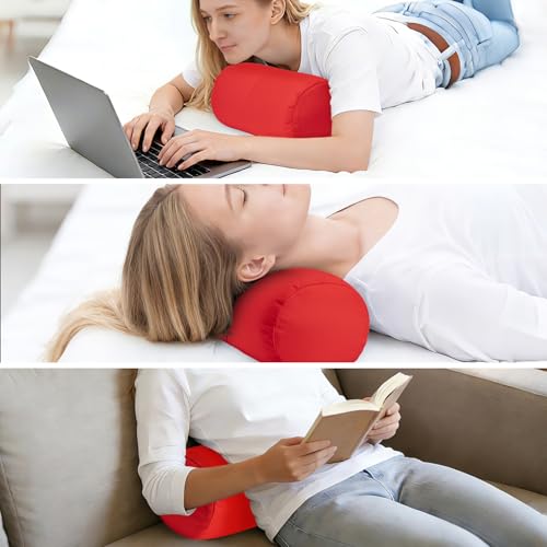Microbead Bolster Tube Pillows with Double Cover, Squish Bean Bed Microbead Pillow Soft Neck Back Lumbar Support Smooth Cool Touch Comfortable Fabric(Red) - color: Red