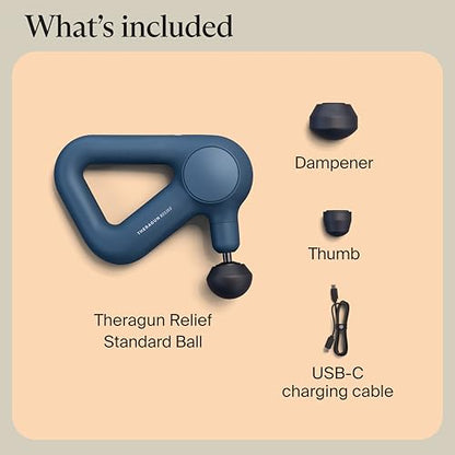 TheraGun Therabody Relief Massage Gun | for Daily Comfort | 3-Speed | Navy | Quiet Handheld Percussion Muscle Massager for Back, Leg & Shoulder Pain Relief. Lightweight, Easy to Use, Ergonomic Grip - color: Navy - 3 Attachments