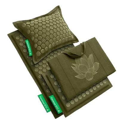 Pranamat Acupressure Large & Small Mat with Pillow and Bag Set, Premium Acupressure Therapy for Pain Relief and Relaxation, Handcrafted in Europe with Sustainable and Natural Materials (Olive) - color: Olive