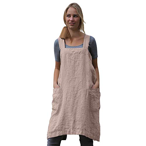 Women's Pinafore Square Apron Baking Cooking Gardening Works Cross Back Cotton/Linen Blend Dress with 2 Pockets - color: Pink, size: X-Large