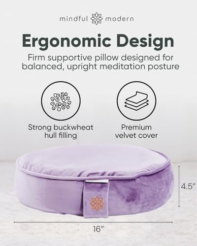 Mindful Modern Velvet Meditation Cushion | Luxe Zafu Yoga Floor Pillow Seat | Posture Support | Buckwheat Hull Filled | Large Round Cushion with Removable Washable Cover + Carry Handle - color: Dusty Violet