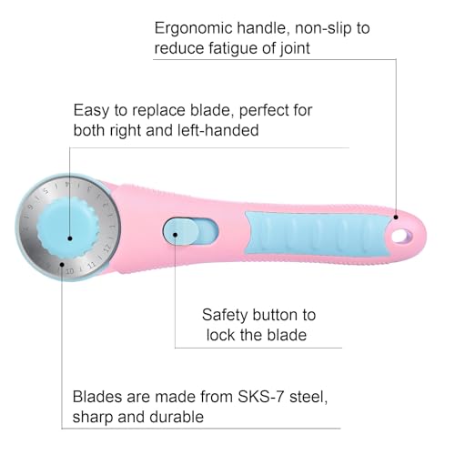 Rotary Cutter with 5pcs 45mm Rotary Blade, Bearing Design Rolling Cutter with Safety Lock for Fabric Sewing Quilting Cloth Leather Paper and Arts & Crafts(Pink) - color: Pink with Bearing, size: 45mm