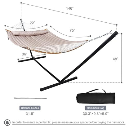 Double Hammock Curved Bar Hammock with 12FT Steel Stand, Tan | Heavy Duty Hammock with Curved Spreader Bars, Pillow, Safety Ropes and Portable Carring Bag, Large Hammock, Max 450 Lbs - color: Tan