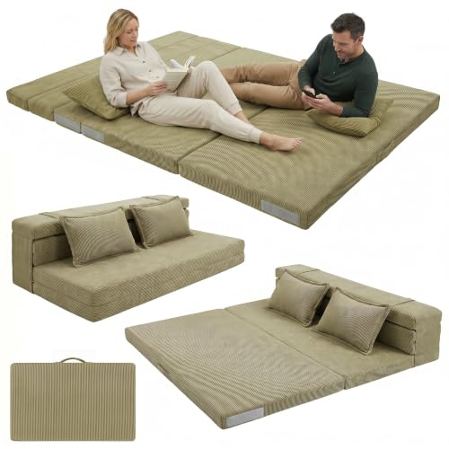 Tri-Fold Futon Mattress, Foldable Floor Mat (Sage Olive,Queen) - color: Sage Olive, size: Queen (80"L x 60"W x 3"Th)