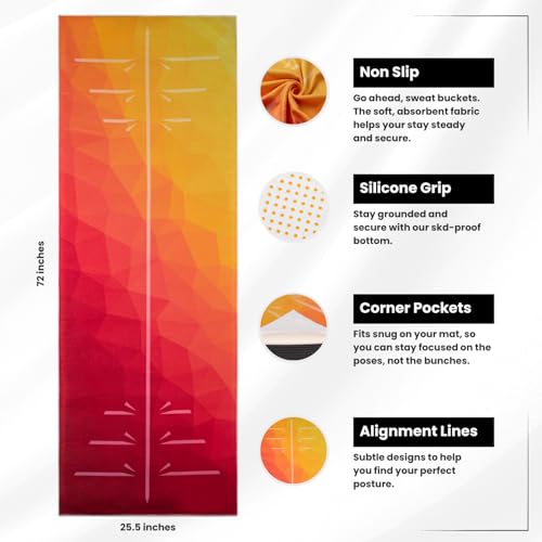 Yoga Drip: Hot Yoga Towel – Non Slip Yoga Mat Towel with Corner Pockets, Silicone Grip Dots & Subtle Alignment Lines | Sweat Absorbent, Moisture Wicking, Quick Dry | No Bunching or Sliding | 72” x 26” - color: Sunset Shimmer