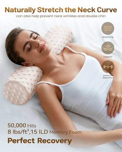 Memory Foam 4" Round Pillow, Cervical Neck Roll Pillow for Pain Relief - color: Velvet Dots Beige, size: 4”H