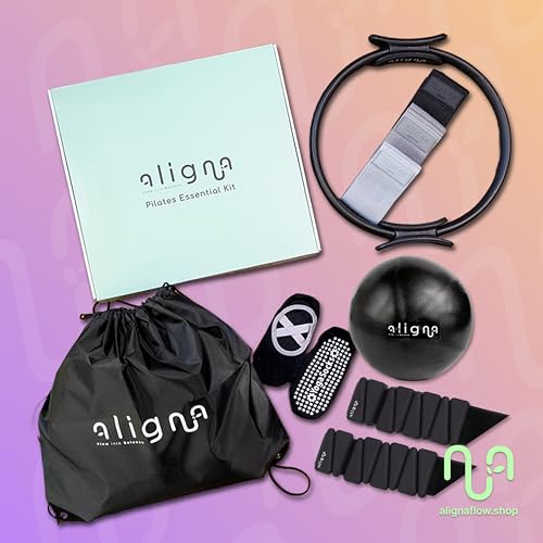 Aligna Pilates Essential Kit | Complete Home Workout Set for Balance, Flexibility & Strength | 8-Piece Set with Pilates Ring, Exercise Ball, Resistance Bands, Ankle Weights, Grip Socks & Carry Bag