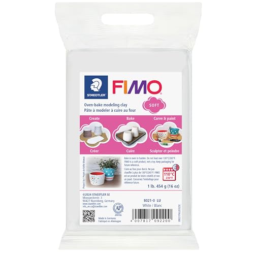 STAEDTLER FIMO Soft Polymer Clay, 1 lb White Block: Oven Bake Modeling Clay for Jewelry Making, Sculpting, DIY Crafts & School Art Projects – Soft Easy-to-Blend Craft Clay for Beginners & Artists - size: 1 lb block