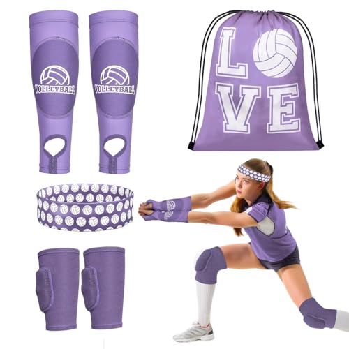6 Pcs Volleyball Accessories Volleyball Knee Pads Arm Sleeves Drawstring Bag Softball Headbands Volleyball Protection Equipment Gifts for Women Training - color: Purple, size: Small