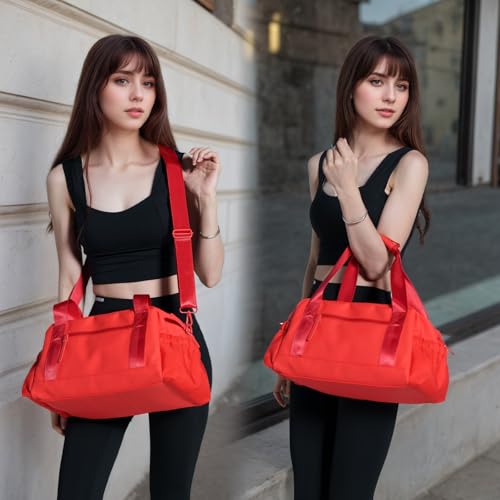 Bucosd Small Gym Bag for Women, Mini Crossbody Gym Duffle Bag with Wet Compartment, Carry on Gym Tote Bag for Workout Dance Sport Travel (Medium-Red) - color: Medium-Red, size: Medium