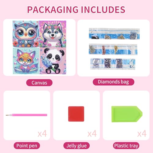 PERFECTSIGHT Cute 5D Diamond Art Kits, Kawaii DIY Painting Art for Adults Teen, 4 Pack Diamond Arts and Crafts Sets, Big Gem Full Drill Diamond Dots for Women (Owl+Husky+Fox+Panda) - style: Owl+Husky+Fox+Panda