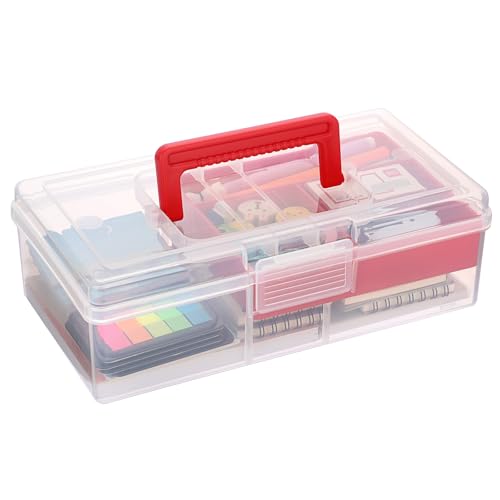 JUXYES Clear Art Craft Supply Storage Bin Sewing Box With Handle Lid | Plastic Carry Storage Box with Removable Tray, 2 Layers Portable Storage Case for Art Craft, Sewing, School Office Supplies - color: Red, size: 1 Pack
