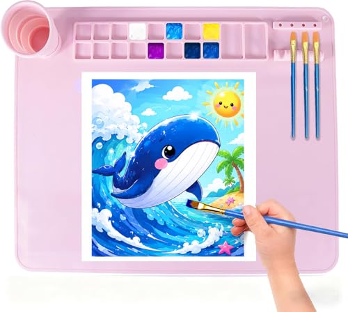 Silicone Painting Mat, 20"X16" Craft Mat,Large Art Mat Clay Mats | Paintbrush Holder, Nonslip Color Dividers Silicone Mats with Built in Cup for Painting, Table, Resin and DIY Pink - color: Pink