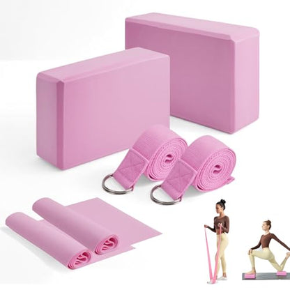 MAOMUN 6 Yoga Blocks 2 Pack with Yoga Strap and Beveled Edges, Anti-Slip Pilates Block Set Yoga Brick, Soft Lightweight Pilates Accessories for Balance Stability Stretching Pilates