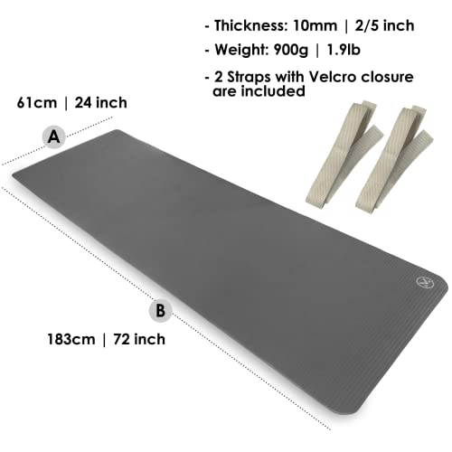 YAMAZEN 72"X24" Extra Thickness Yoga Workout Mat for Home Gym Exercise | All Purpose Mat with Strap | 10mm(2/5") / 15mm(3/5") Thickness - color: Gray