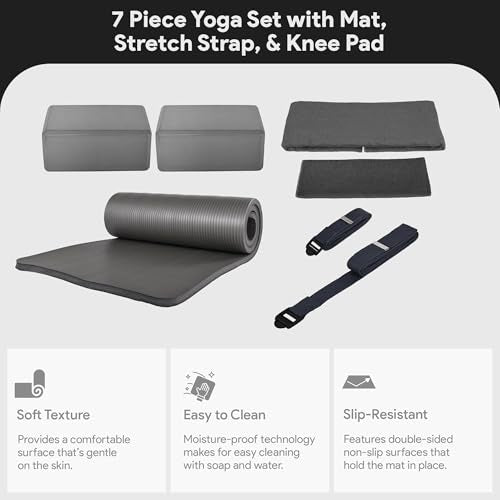 BalanceFrom 7-Piece Yoga Set with 71x24x0.5 Inches Extra Thick Mat and Carrying Sling – Includes 2 Blocks, Stretch Strap, 2 Towels, and Knee Pad for Home, Studio, and Gym Workouts - color: Gray