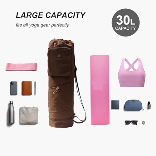 ESVAN Yoga Mat Bag with Multi Pockets Drawstring Yoga Mat Carrier Pilates Exercise Multi-Functional Storage Bag - color: Nylon Coffee
