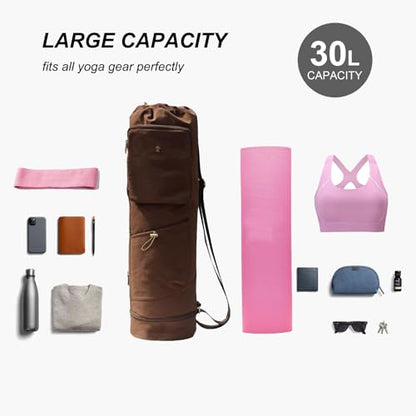 ESVAN Yoga Mat Bag with Multi Pockets Drawstring Yoga Mat Carrier Pilates Exercise Multi-Functional Storage Bag - color: Nylon Coffee